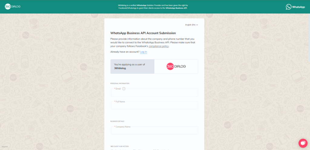 360dialog WhatsApp Business Api signup-form WhatsApp Business API signup form 360dialog getchat.360dialog.io